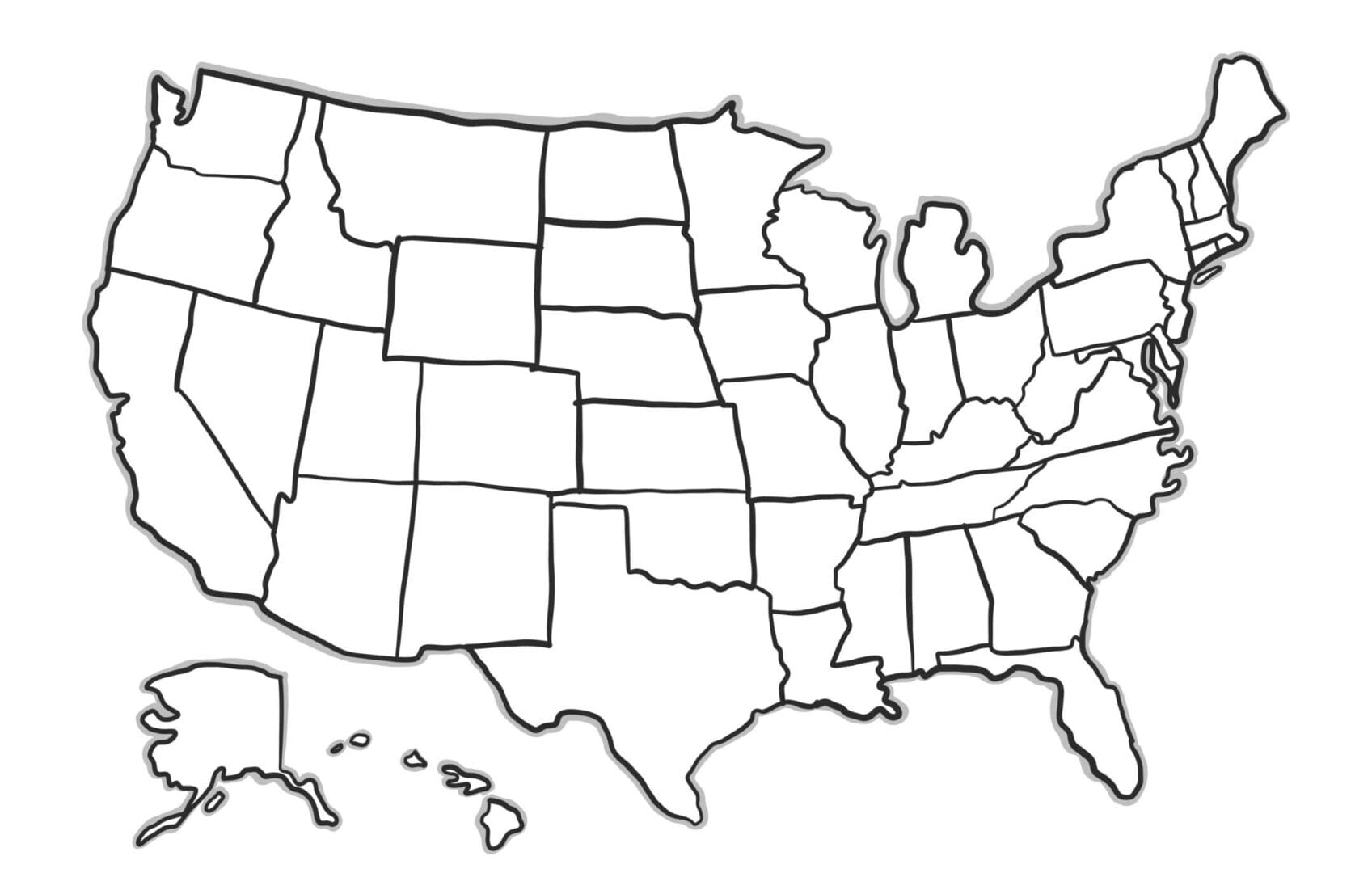 Black and white outline map of the United States with state borders.
