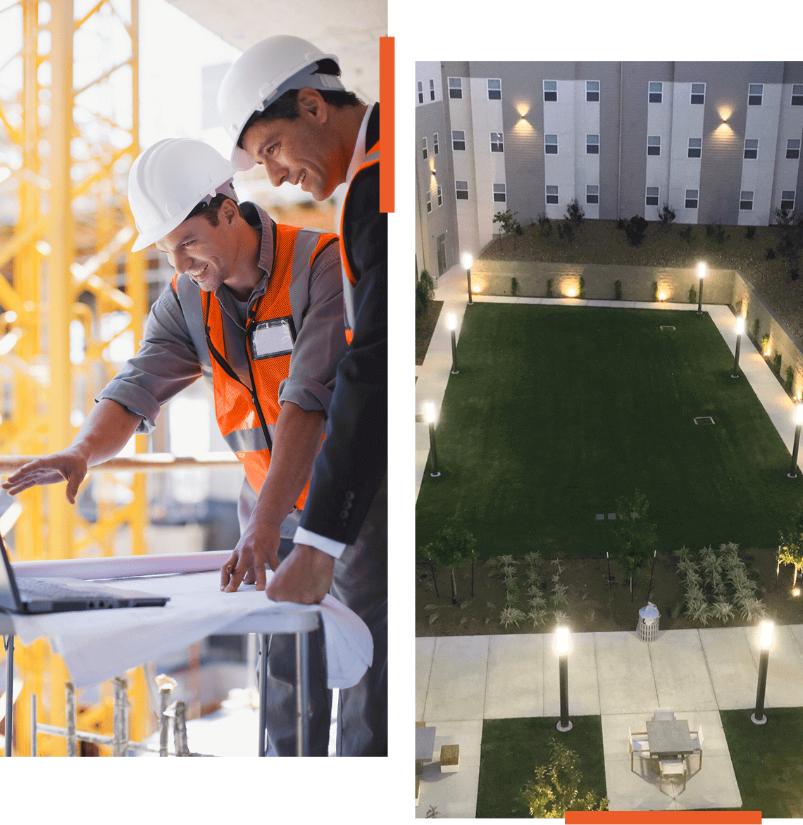 Construction workers reviewing plans at a building site.