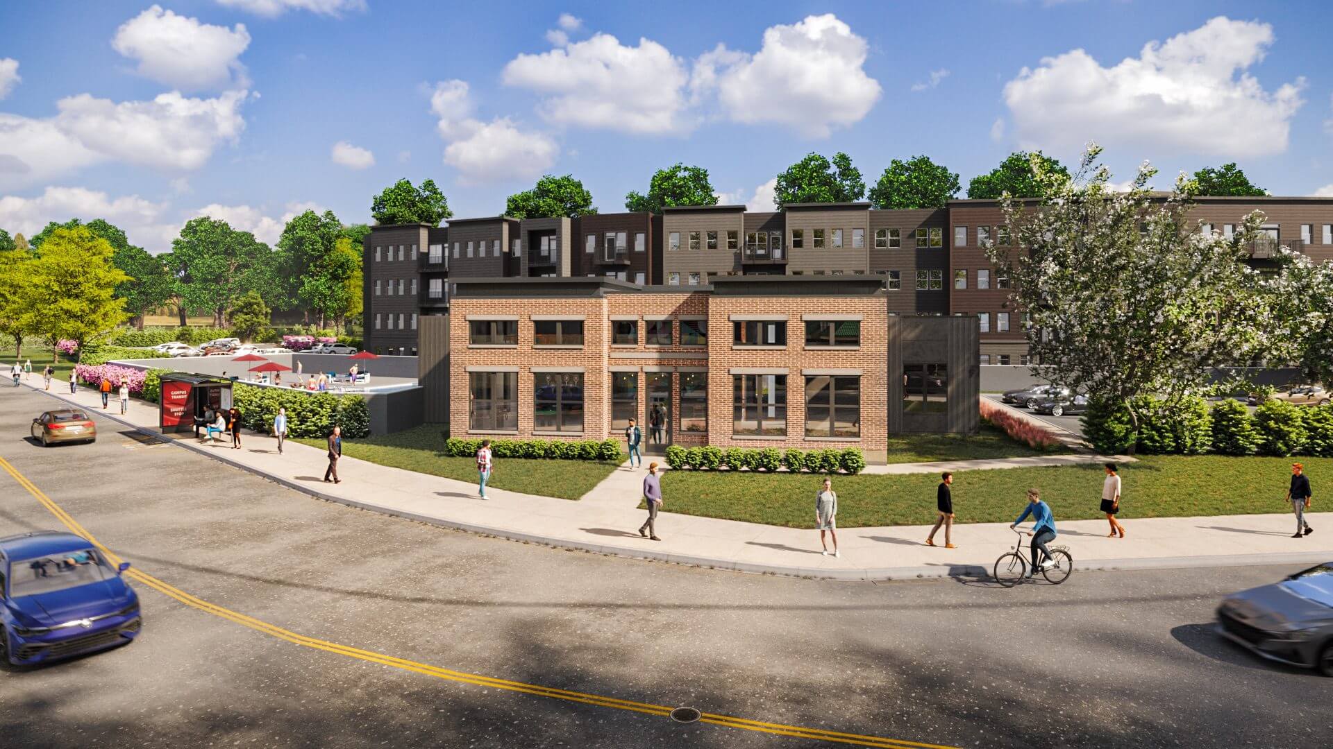 Modern townhouses with brick and siding facades on a sunny day.
