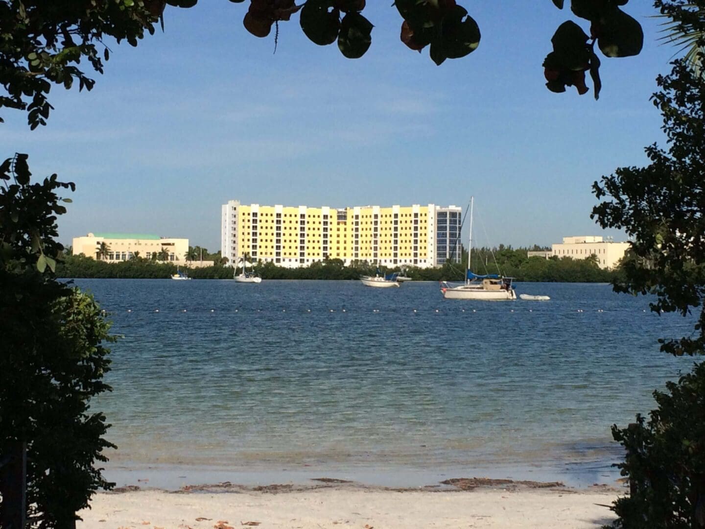 Sailboats on a calm bay with a hotel in the background under a clear sky.